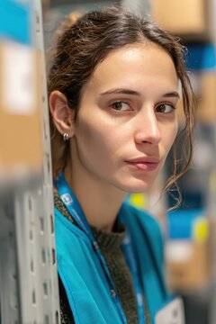 Closeup portrait of young female picker wearing lanyard in busy warehouse for black friday fulfillment background and staff profile