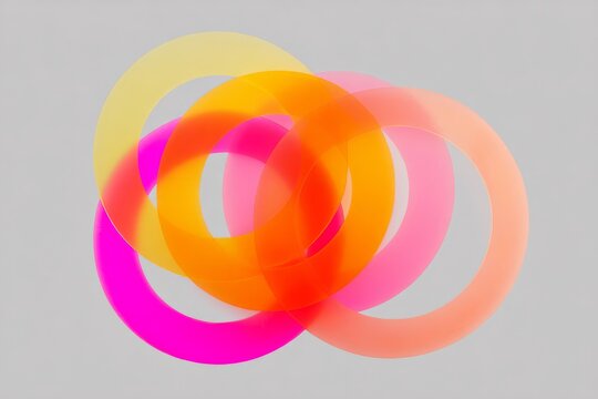 Overlapping neon conic rings in lemon coral and hot pink on neutral background for playful poster and wallpaper design