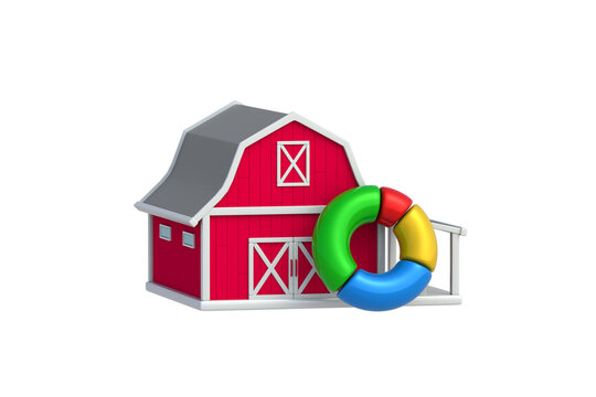 Crop rotation planning. Precision agriculture yield data. Rural acreage allocation. Small farm expenses. Barn beside colorful pie chart isolated on white background. 3d render