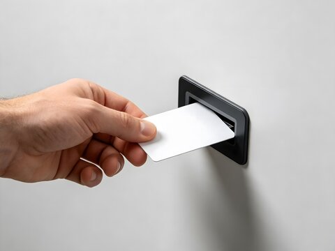 Hand inserting blank white card into electronic wall reader