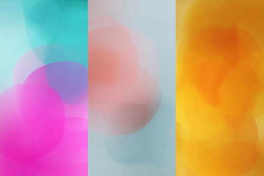 Triptych neon gradient mesh blobs in pink teal and orange with soft translucent layers for colorful wallpaper and poster backgrounds