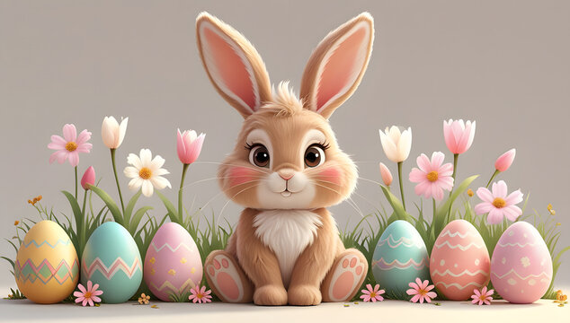 Cute Cartoon Easter Bunny Sitting Among Pastel Easter Eggs and Spring Flowers