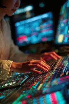 Close up of cybersecurity team hands typing on illuminated laptop keyboard with colorful code and dashboards for security operations center background and banner design