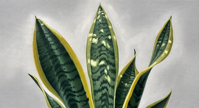 Digital painting of a Sansevieria snake plant with striped green leaves and yellow borders on a neutral grey background