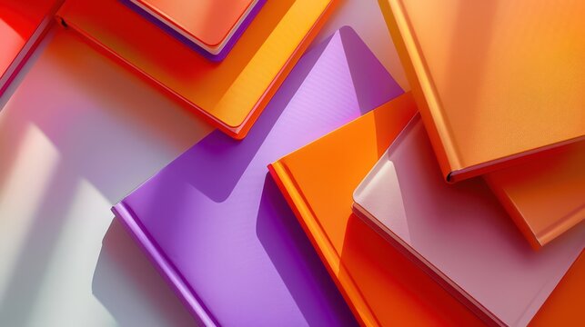 Purple and orange notebooks close up with warm light and soft shadows for colorful stationery background and poster layout