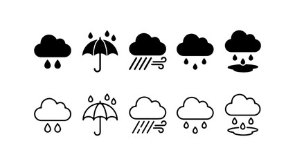 Obraz premium Rainy Weather Icons Set in Silhouette and Outline Style
