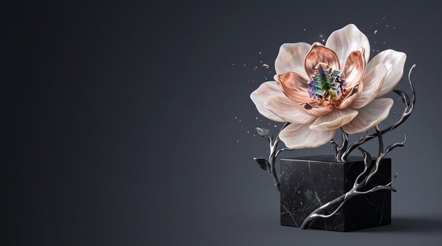 Surreal luxury flower with rose gold mother of pearl petals and bismuth center on black marble pedestal, dark charcoal studio background with copy space for high end commercial photography
