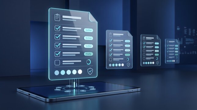 Digital workflow administration displaying secure compliance document checklist interface hovering above smart tablet