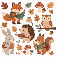 Naklejka premium Cute autumn back to school woodland animals clipart set with fox, hedgehog, squirrel, owl, and rabbit reading books, pencils, oak leaves, and mushrooms isolated on white background