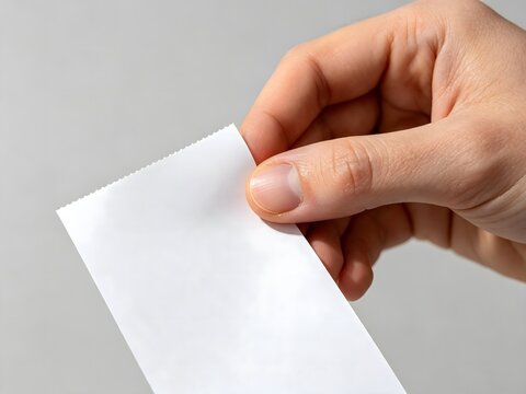Hand holding a blank white paper receipt or ticket