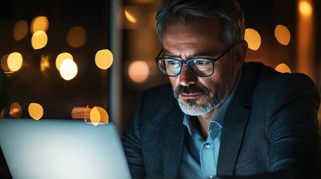 Mature professional man wearing black glasses works late at his silver laptop while focusing intensely on glowing screen digital data