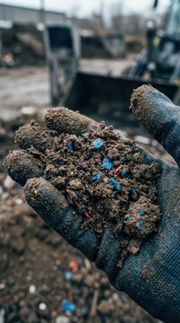 Gloved hand showing dirt mixed with tiny blue plastic flakes for recycling quality control and industrial material inspection background
