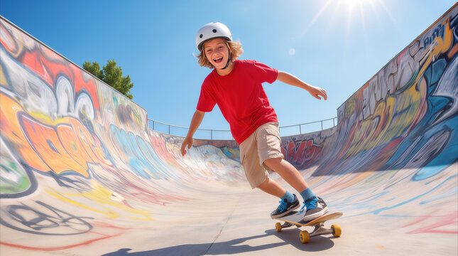Cheerful preteen boy skateboarding in concrete bowl at urban skate park. Active youth wearing safety helmet enjoying outdoor recreation on sunny day.