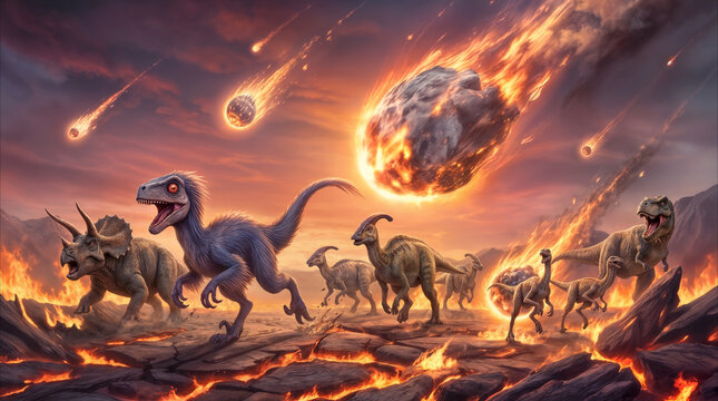 Prehistoric dinosaurs fleeing from falling asteroids and volcanic eruptions. Extinction event concept with various dinosaur species running through fire and lava.
