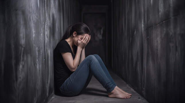 Sad woman sitting on the floor of a dark narrow corridor covering her face with hands. Mental health awareness and emotional distress concept.