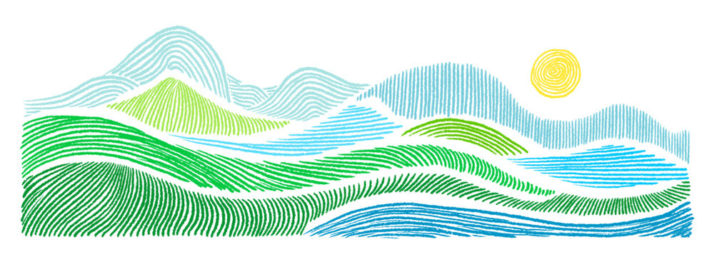 Oriental mountain landscape with textured agricultural terraces, blue wave. Minimalist graphic design featuring elegant curve, soft crayon lines and abstract pencil scribble pattern for asian backdrop