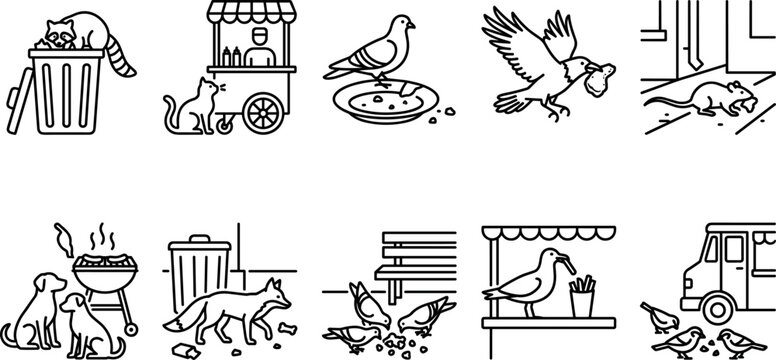 Urban wildlife pests scavenging food vector icon set featuring raccoon trash pigeon rat crow fox stray cat dog seagull lineart graphics