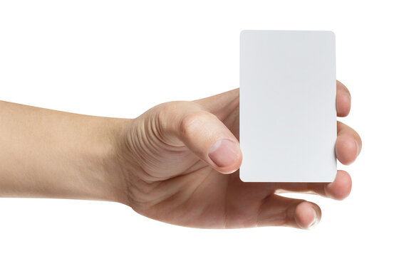 Hand holding blank white card for advertising mockup, isolated on transparent cutout background