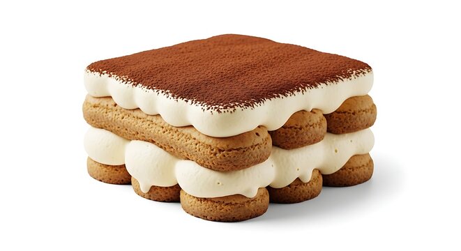 Classic Italian tiramisu cake with ladyfinger layers and mascarpone cream topped with cocoa powder on white