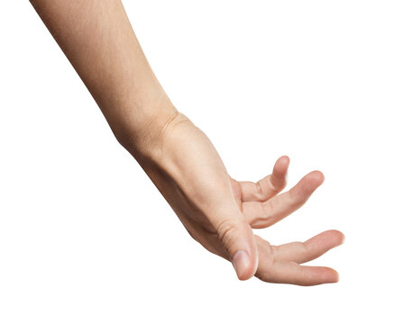 Open hand reaching down with spread fingers to grab something, isolated on transparent cutout background