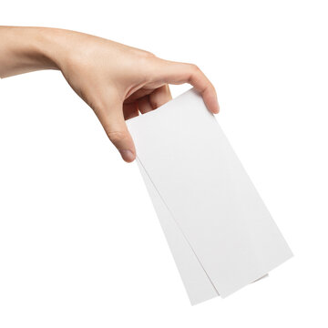 Hand holding two blank vertical paper cards from above, isolated on transparent cutout background