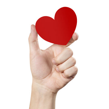 Hand holding red love heart, isolated on transparent cutout background