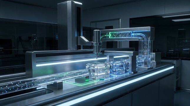 Futuristic Scientific Laboratory Equipment Demonstrating Advanced Fluid Dynamics Technology and Precision Engineering in a High Tech Cleanroom Setting Analysis