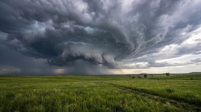 A massive dark supercell thunderstorm cloud formation looms over a vast green agricultural field in the countryside