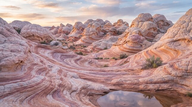 Stunning landscape of white pocket in vermilion cliffs national monument with colorful sandstone formations at sunset