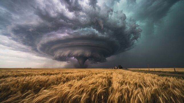 Dramatic supercell thunderstorm with a rotating wall cloud looming over a golden wheat field in the countryside