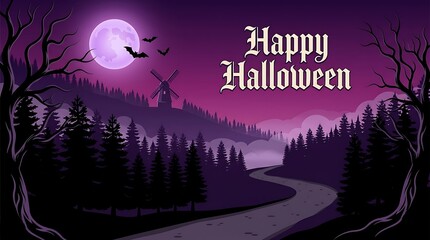 Fototapeta premium A Spooky Halloween Landscape Featuring A Full Moon Over A Dark Forest