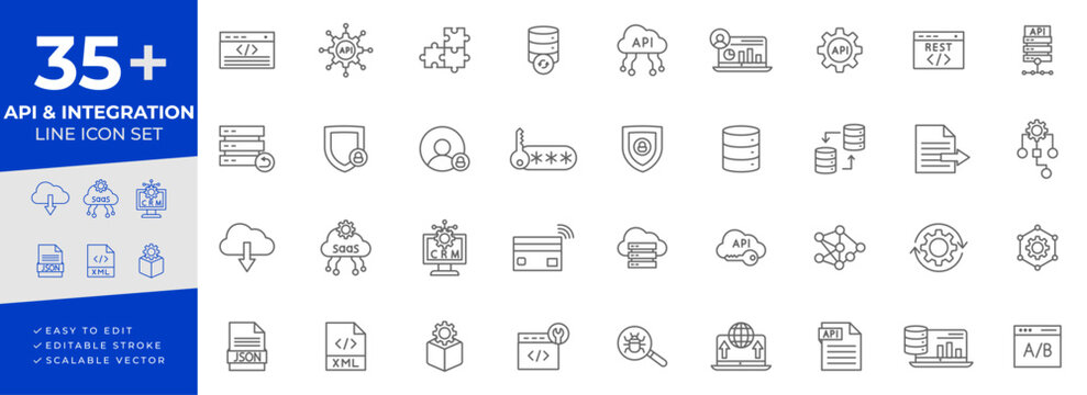 API and integration line icons set features software development, cloud connectivity, system integration, data synchronization, API management, database connections, and web services.