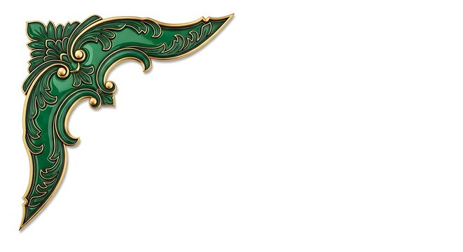 Decorative emerald green corner flourish with ornate golden details on a white background