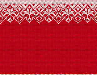 Fototapeta premium Holiday knit background with snowflakes. Christmas winter ornament. Festive seamless pattern. Knitted sweater print. Xmas geometric border. Fair isle traditional texture. Vector.