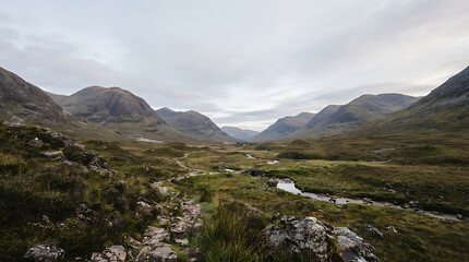 Fototapeta premium Rugged highland landscape featuring vast mountain ranges with grassy slopes and winding river streams flowing through the valley under a cloudy sky during the early morning light in rural
