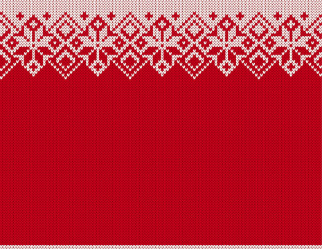 Holiday knit background with snowflakes. Christmas winter ornament. Festive seamless pattern. Knitted sweater print. Xmas geometric border. Fair isle traditional texture. Vector.