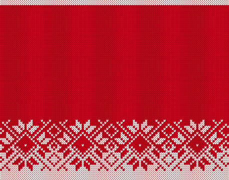 Festive seamless pattern. Holiday knit background with snowflakes. Christmas winter ornament. Knitted sweater print. Xmas geometric border. Fair isle traditional texture. Vector.