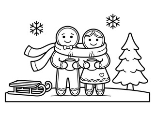 Fototapeta premium Winter children hugging beside sled and Christmas tree line art
