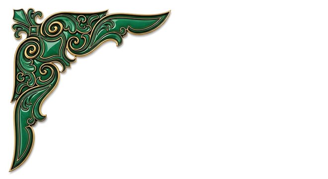Ornate green corner ornament with golden filigree and vintage scrollwork design elements