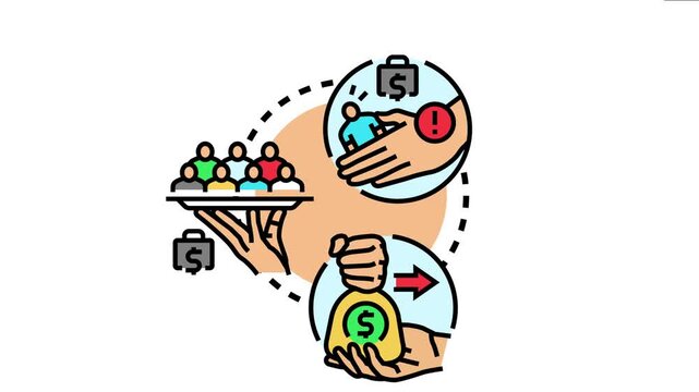 Bribery prevention cycle hands denying a corrupt payment, offering money, and presenting equal opportunity to a group of people, emphasizing ethical business practices