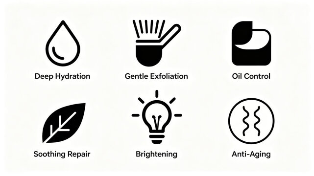 Line style skin care effect logo icon group represents the deep moisturizing anti-aging oil control effect, which is applicable to beauty product pages and social media pictures.
