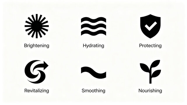 Simple black skincare efficacy icon, representing brightening, moisturizing, protective and nourishing, suitable for beauty packaging and e-commerce selling point modules.
