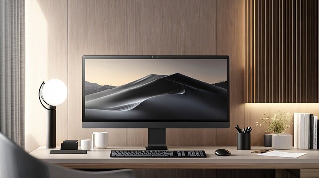 Sleek modern desktop computer monitor displaying desert landscape wallpaper sits on a tidy wooden office desk with warm ambient lighting