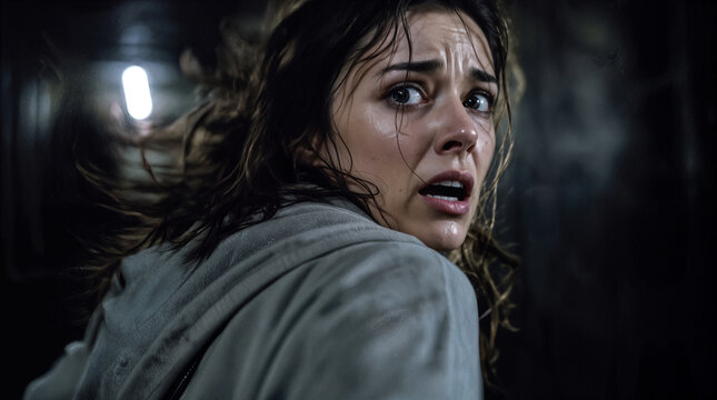 Frightened young woman looking back in terror while running through dark corridor. Cinematic scene of suspense and fear in dimly lit industrial basement.