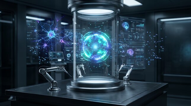 Holographic Data Stream Quantum Energy Research In Futuristic Science Laboratory Displaying Advanced Technology AI Analysis