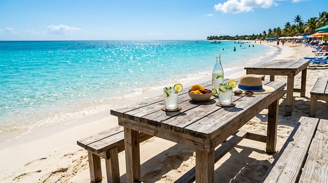 Wooden table with refreshing drinks on sandy beach shore overlooking turquoise ocean water during sunny afternoon for relaxing tropical vacation getaway experience with palm trees under clear