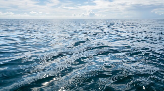 Open ocean waters under a vast cloudy sky featuring rolling ripples moving across the liquid surface during the day showing the deep natural blue shades of the marine environment during travel