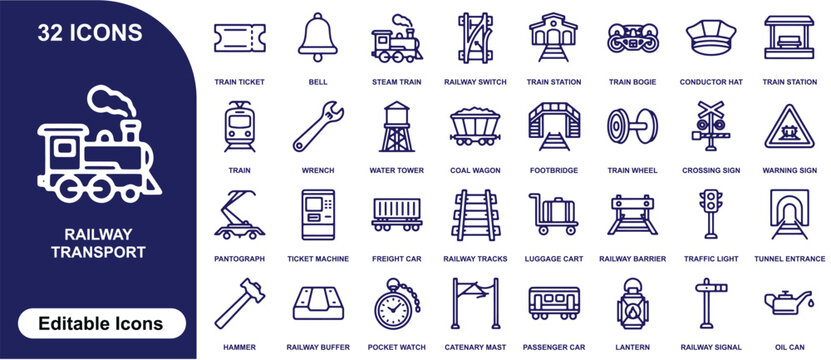 Set of 32 railway transport featuring trains, tracks, station equipment, and signaling tools in blue line style
