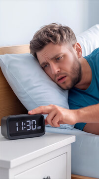 Oversleeping man looking at alarm clock showing late morning time. Caucasian male with worried expression waking up at 11:30 AM in bedroom.