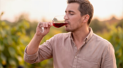 Naklejka premium Sommelier tasting red wine in vineyard at sunset. Professional man evaluating wine quality during outdoor harvest season event.
